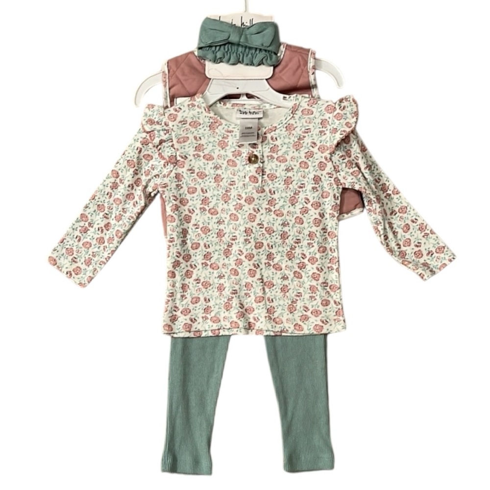 Nicole Miller 4 Piece Baby Girl Outfit - Leggings, Top, Vest, Headband 18M